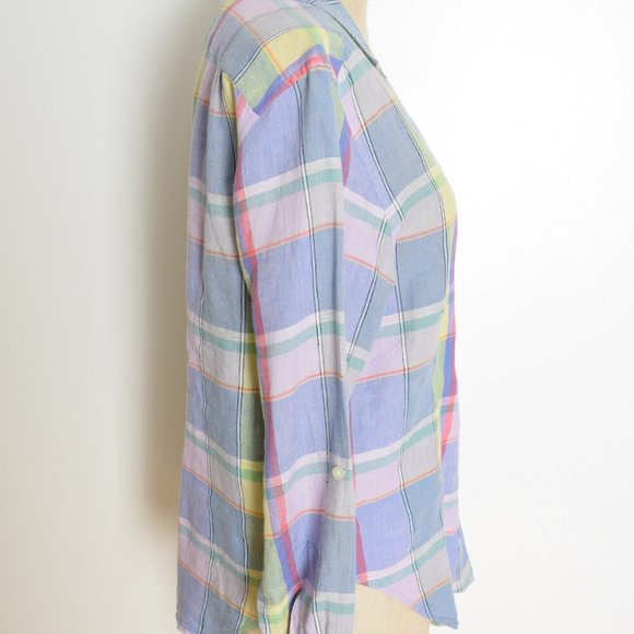 vintage 90s top Ralph Lauren linen pastel plaid button up shirt blouse M - Picture 5 of 7